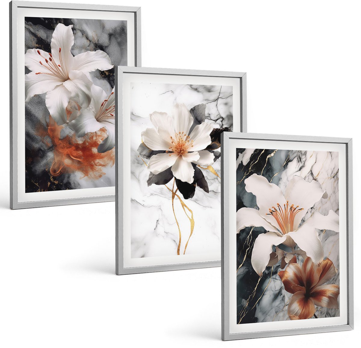 Coloray 3-Delige Schilderij Set - Bloemen Op Een Marmeren Achtergrond In Wit- En Zwarttinten. - 40 x 60 cm - Wanddecoratie - Muurdecoratie - Moderne Interieurdecoratie - Stijlvolle Muurdecoratie