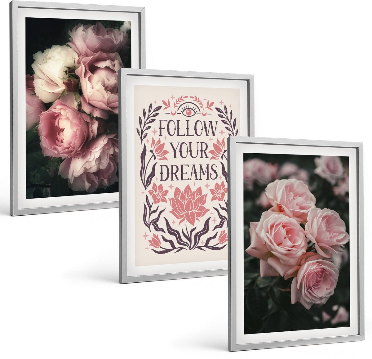 Coloray 3-Delige Schilderij Set - Vintage Rozen Met De Inscriptie 'Over Dromen'. - 40 x 60 cm - Wanddecoratie - Moderne Interieurdecoratie - Stijlvolle Muurdecoratie