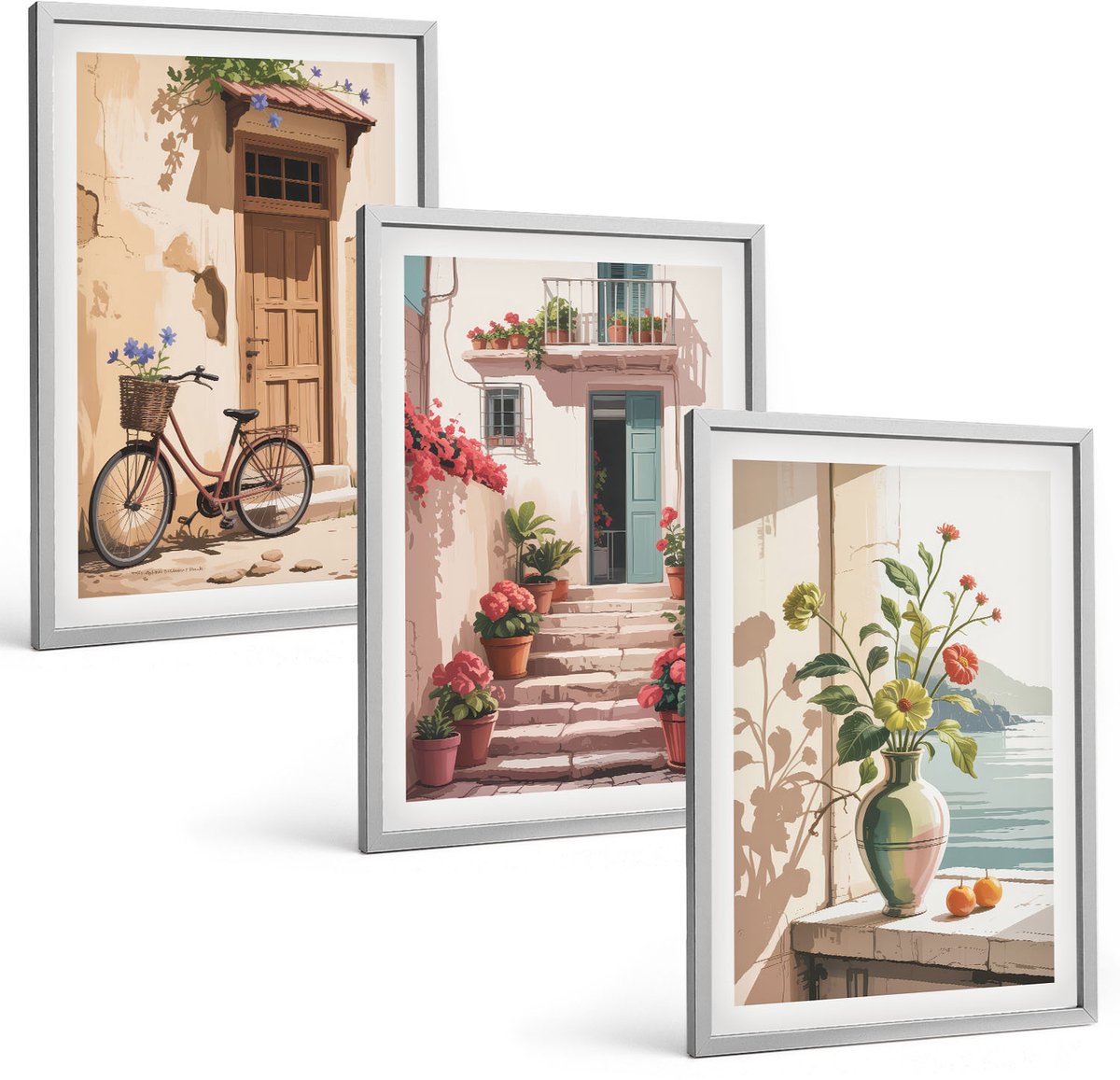 Coloray 3-Delige Schilderij Set - Geschilderde Straten Met Bloemen En Een Fiets - 40 x 60 cm - Wanddecoratie - Muurdecoratie - Woonkamer - Interieur Decoratie