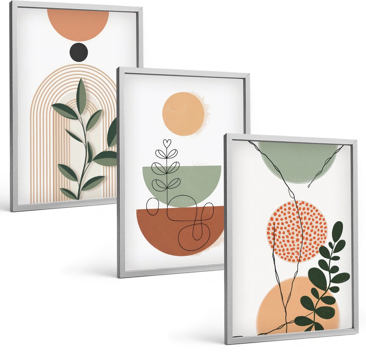Coloray 3-Delige Schilderij Set - Abstracte Vormen Met Kleurrijke Plantmotieven - 40 x 60 cm - Wanddecoratie - Moderne Interieurdecoratie - Interieur Decoratie