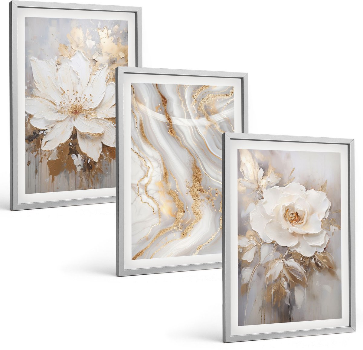 Coloray 3-Delige Schilderij Set - Bloemen En Abstract Marmerpatroon - 40 x 60 cm - Stijlvolle Wanddecoratie - Interieur - Moderne Wanddecoratie