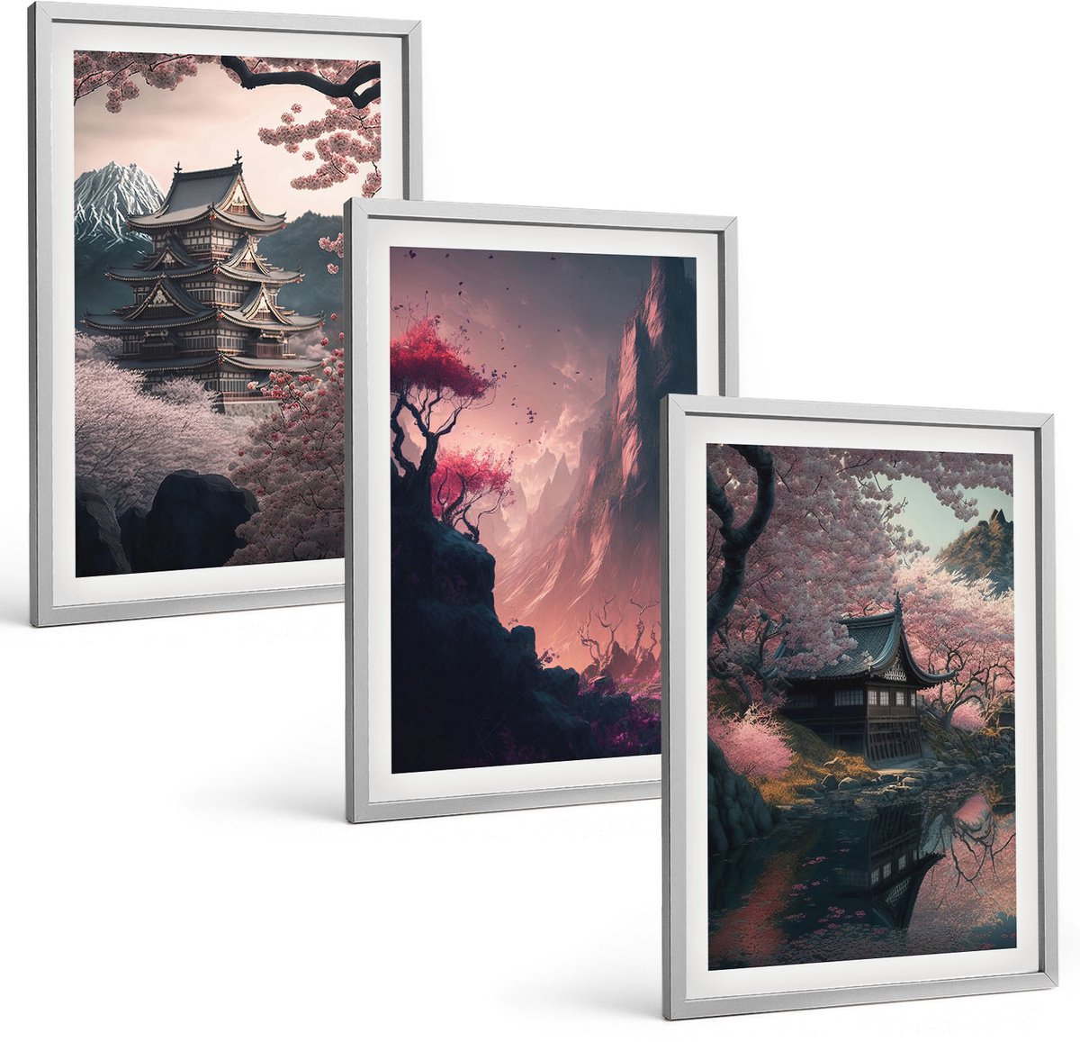 Coloray 3-Delige Schilderij Set - Fantasielandschappen Van Japan Berglandschappen - 40 x 60 cm - Muurdecoratie - Wanddecoratie - Slaapkamer - Decoratieve Schilderijen