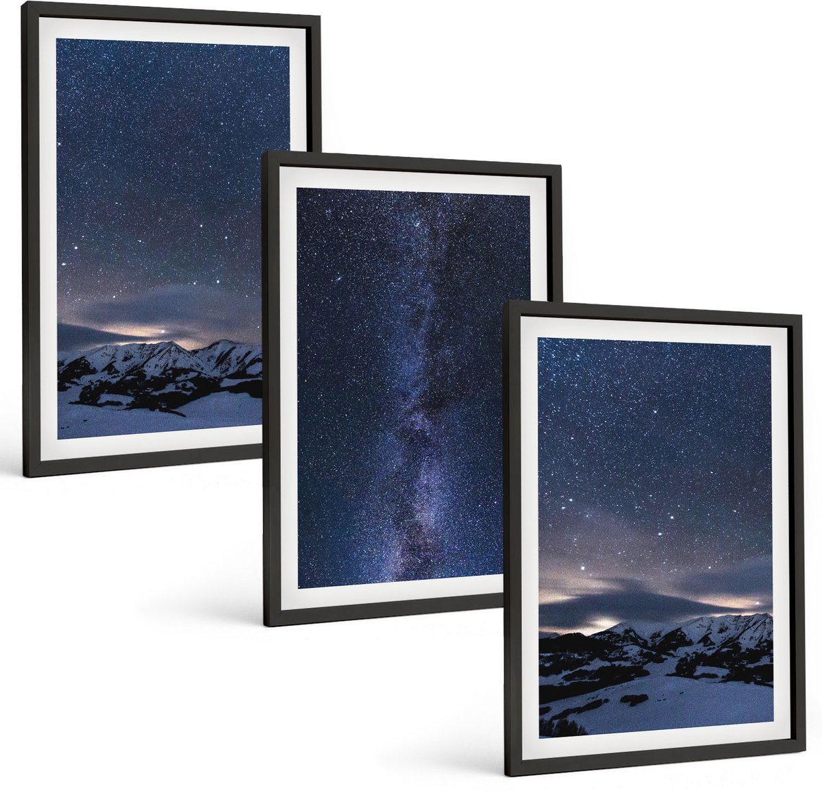 Coloray 3-Delige Schilderij Set - Nachtelijke Hemel Met Sterren En Berglandschap - 40 x 60 cm - Muurdecoratie - Wanddecoratie - Slaapkamer - Moderne Wanddecoratie
