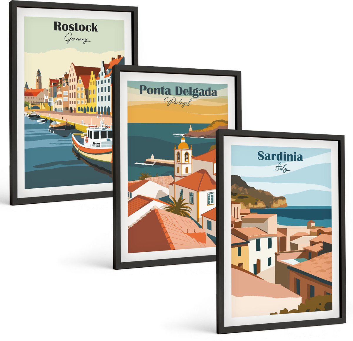 Coloray 3-Delige Schilderij Set - Uitzichten Op Europese Kust- En Havensteden - 40 x 60 cm - Muurdecoratie - Wanddecoratie - Hal - Decoratieve Schilderijen
