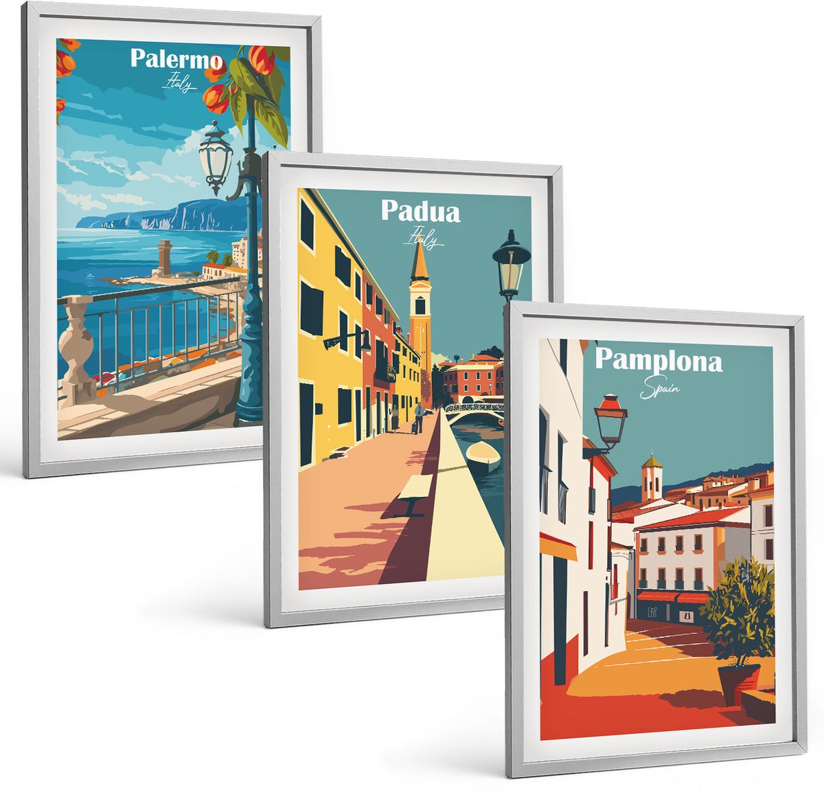 Coloray 3-Delige Schilderij Set - Populaire Steden In Retro Illustratieve Stijl - 40 x 60 cm - Schilderijen Set - Wanddecoratie - Woonkamer - Decoratieve Schilderijen