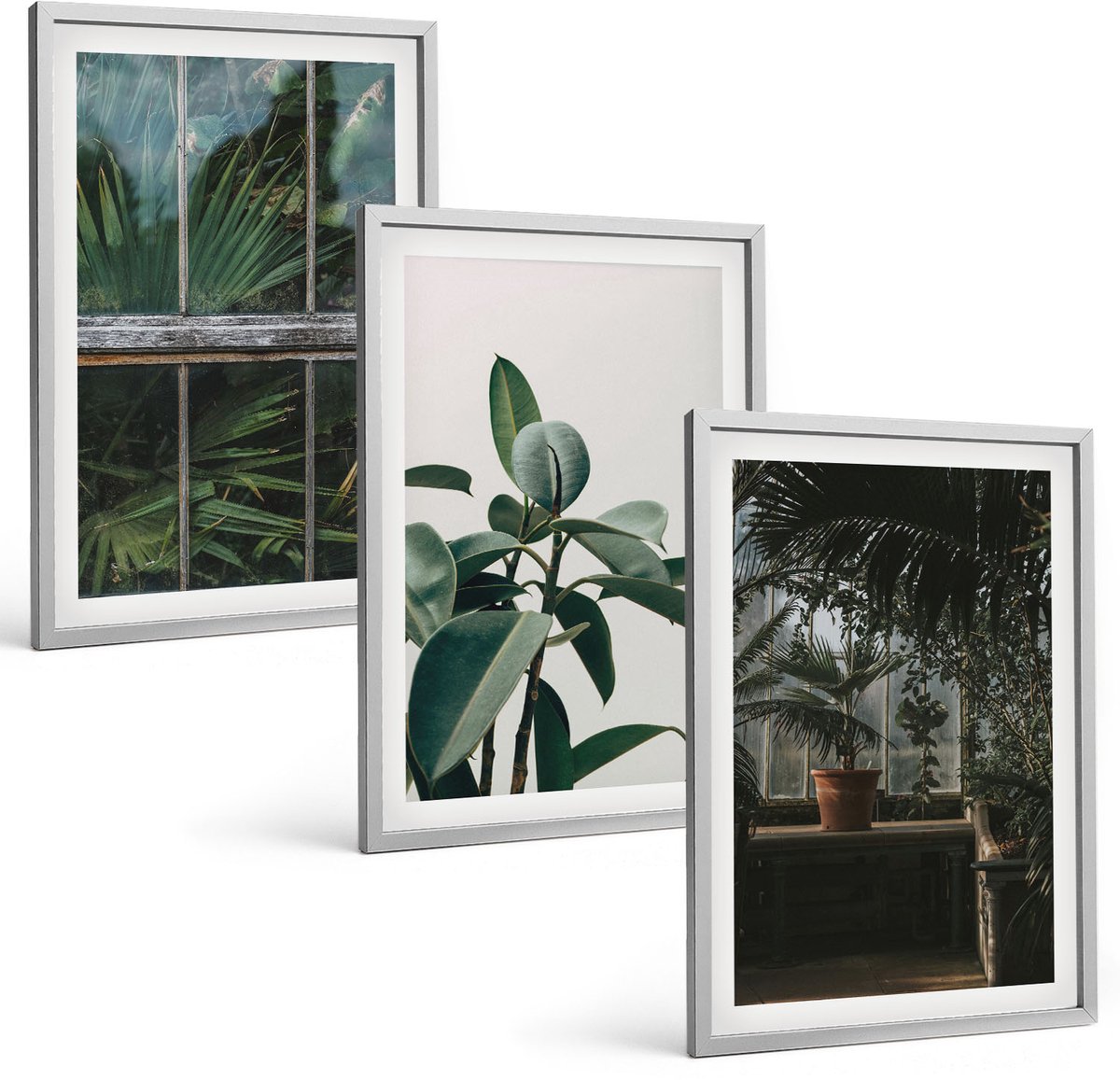 Coloray 3-Delige Schilderij Set - Groene Bladeren Op Het Raam En Planten In Het Interieur. - 40 x 60 cm - Moderne Wanddecoratie - Woonkamer - Interieur Decoratie