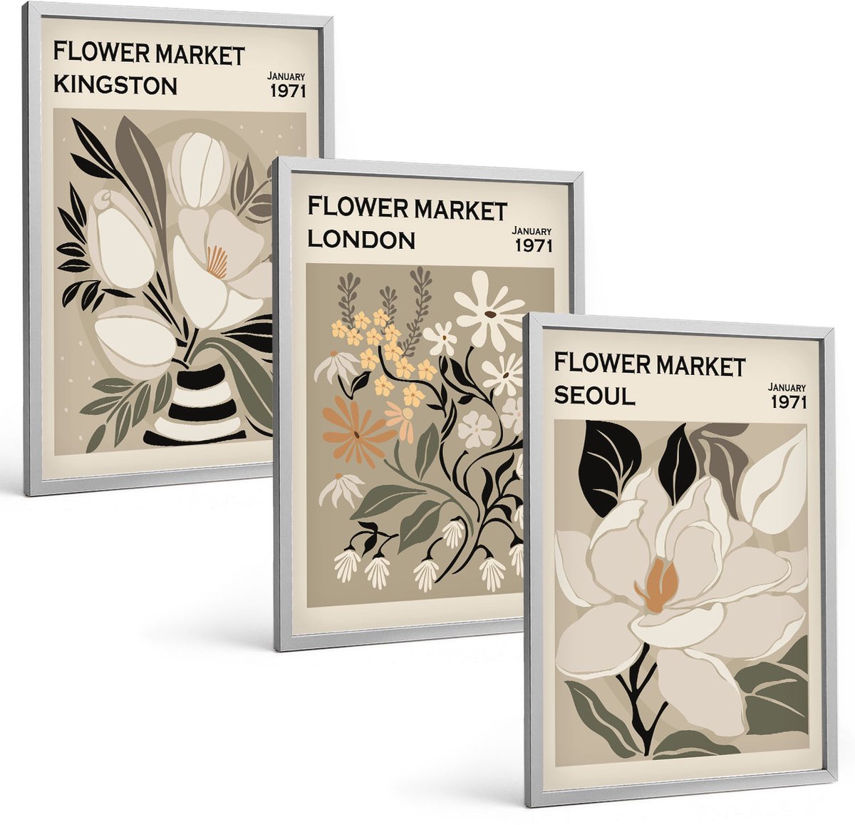 Coloray 3-Delige Schilderij Set - Retro Bloemen Uit Verschillende Steden Over De Hele Wereld - 40 x 60 cm - Schilderijen Set - Wanddecoratie - Woonkamer