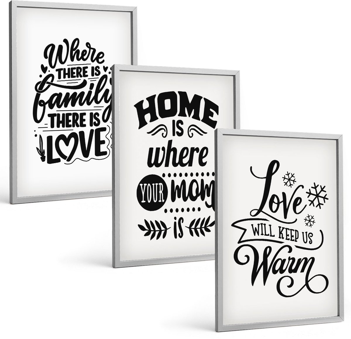 Coloray 3-Delige Schilderij Set - Familie, Liefde, Thuis, Warmte In Eenvoudige Slogans - 40 x 60 cm - Wanddecoratie - Moderne Interieurdecoratie - Woonkamer Decoratie