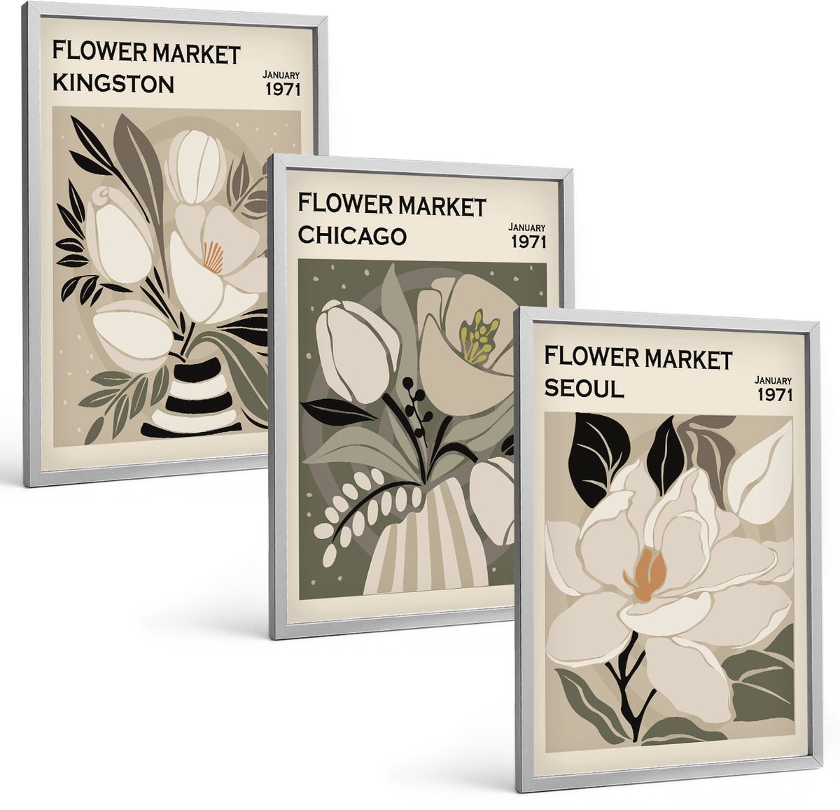 Coloray 3-Delige Schilderij Set - Bloemen Van De Markten Van Kingston, Chicago En Seoul In Een Retrostijl. - 40 x 60 cm - Wanddecoratie - Muurdecoratie - Moderne Interieurdecoratie - Interieur Decoratie