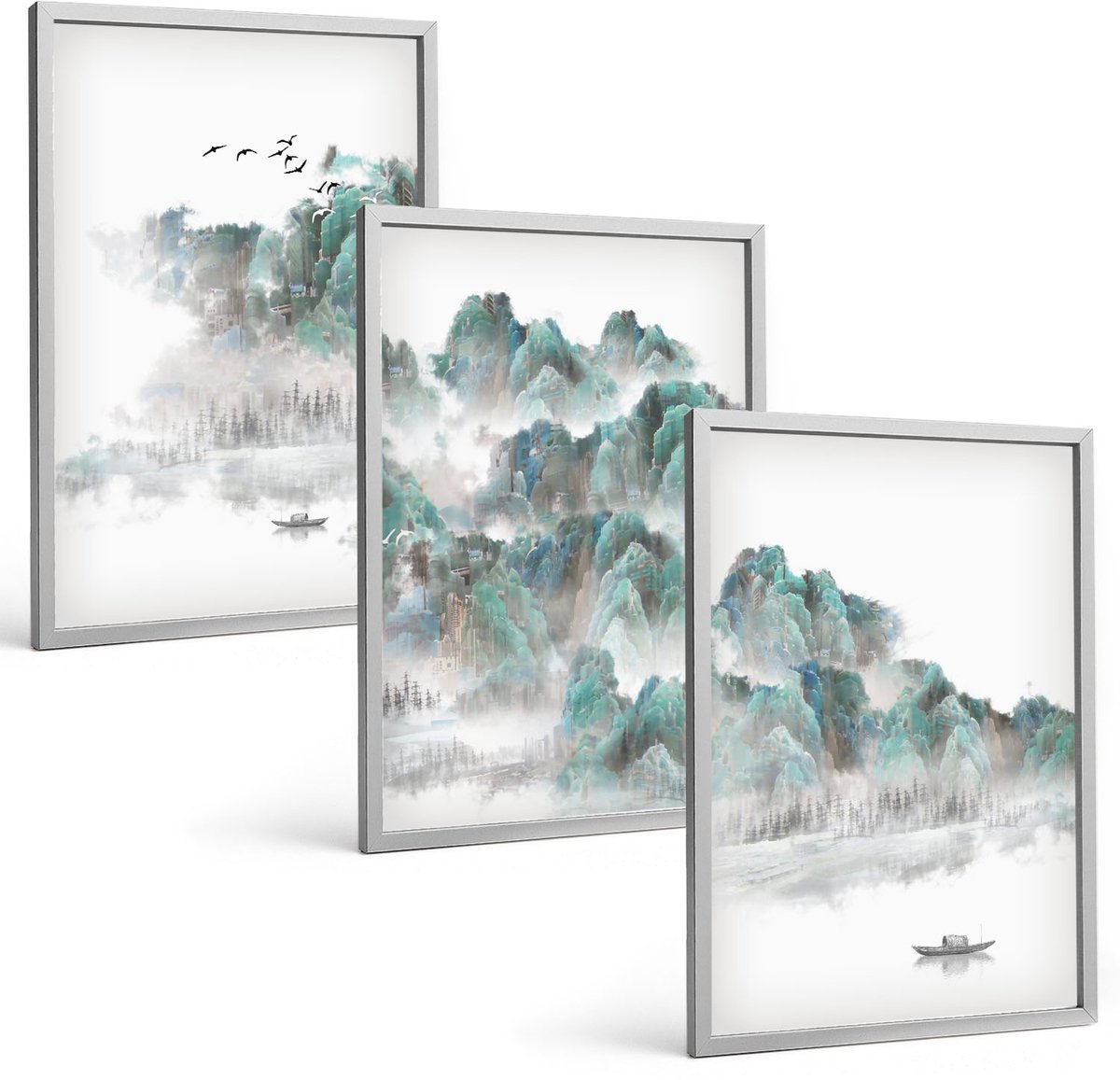 Coloray 3-Delige Schilderij Set - Bergen In De Wolken Met Vogels En Een Boot Op Het Water. Japandi - 40 x 60 cm - Moderne Wanddecoratie - Slaapkamer - Stijlvolle Muurdecoratie