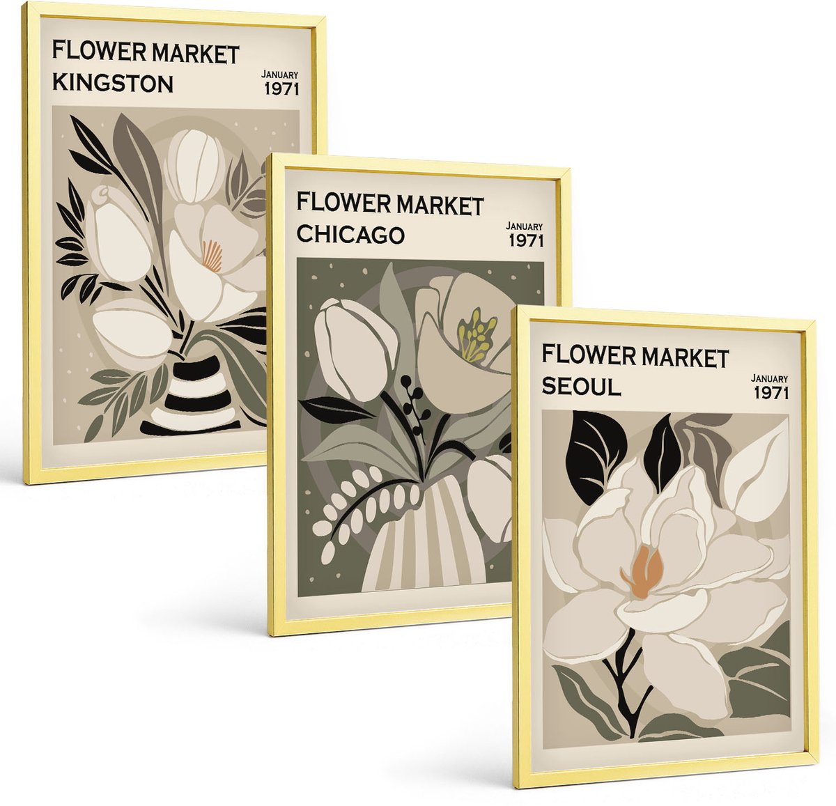 Coloray 3-Delige Schilderij Set - Kingston Seoul Bloemen Retro Stijl Illustraties - 40 x 40 cm En 40 x 60 cm - Muurdecoratie - Interieur Decoratie - Woonkamer Decoratie