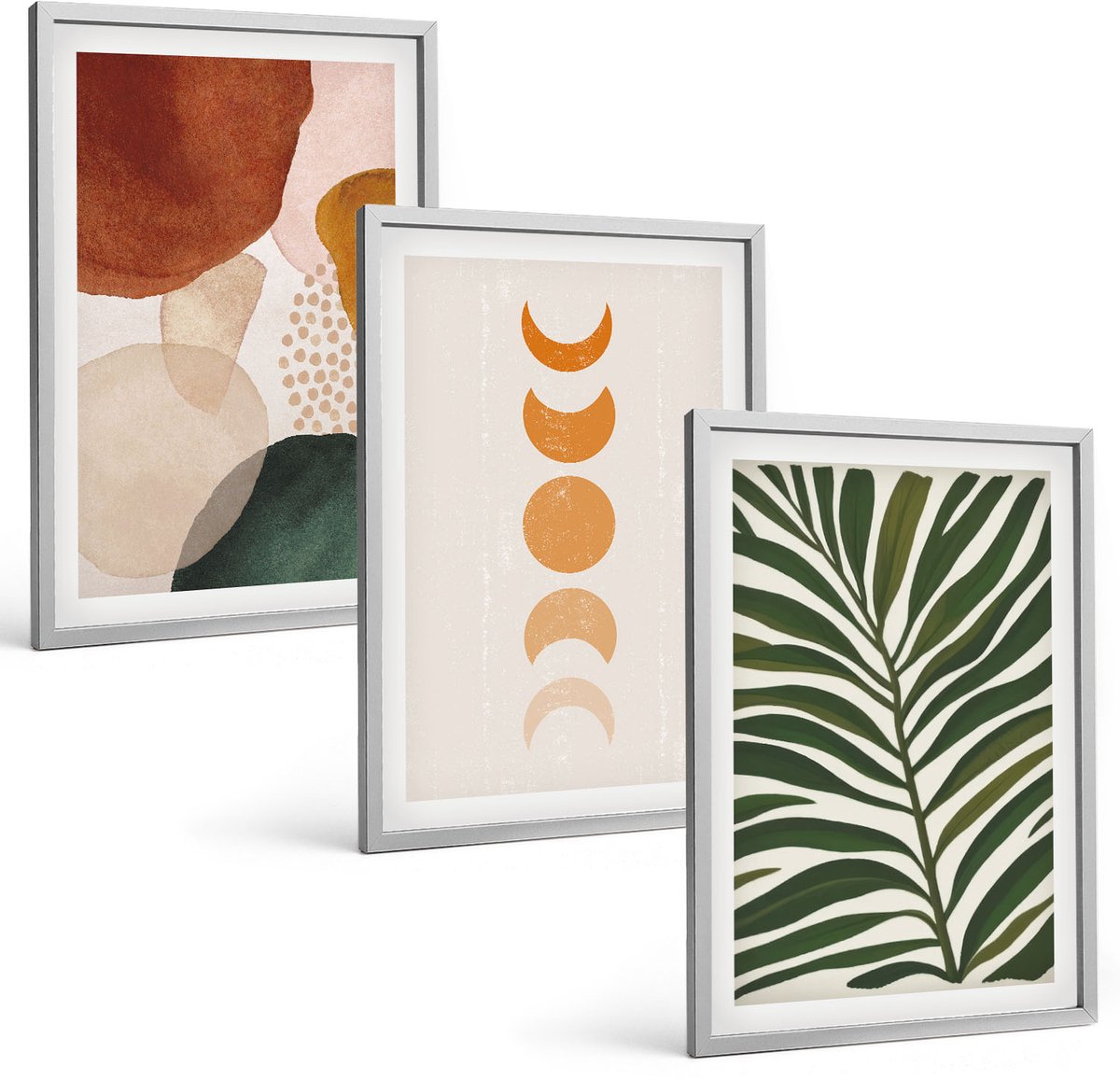 Coloray 3-Delige Schilderij Set - Abstracte Vormen In Warme Kleuren En Bladeren - 40 x 60 cm - Muurdecoratie - Schilderijen Set - Woonkamer - Wanddecoratie