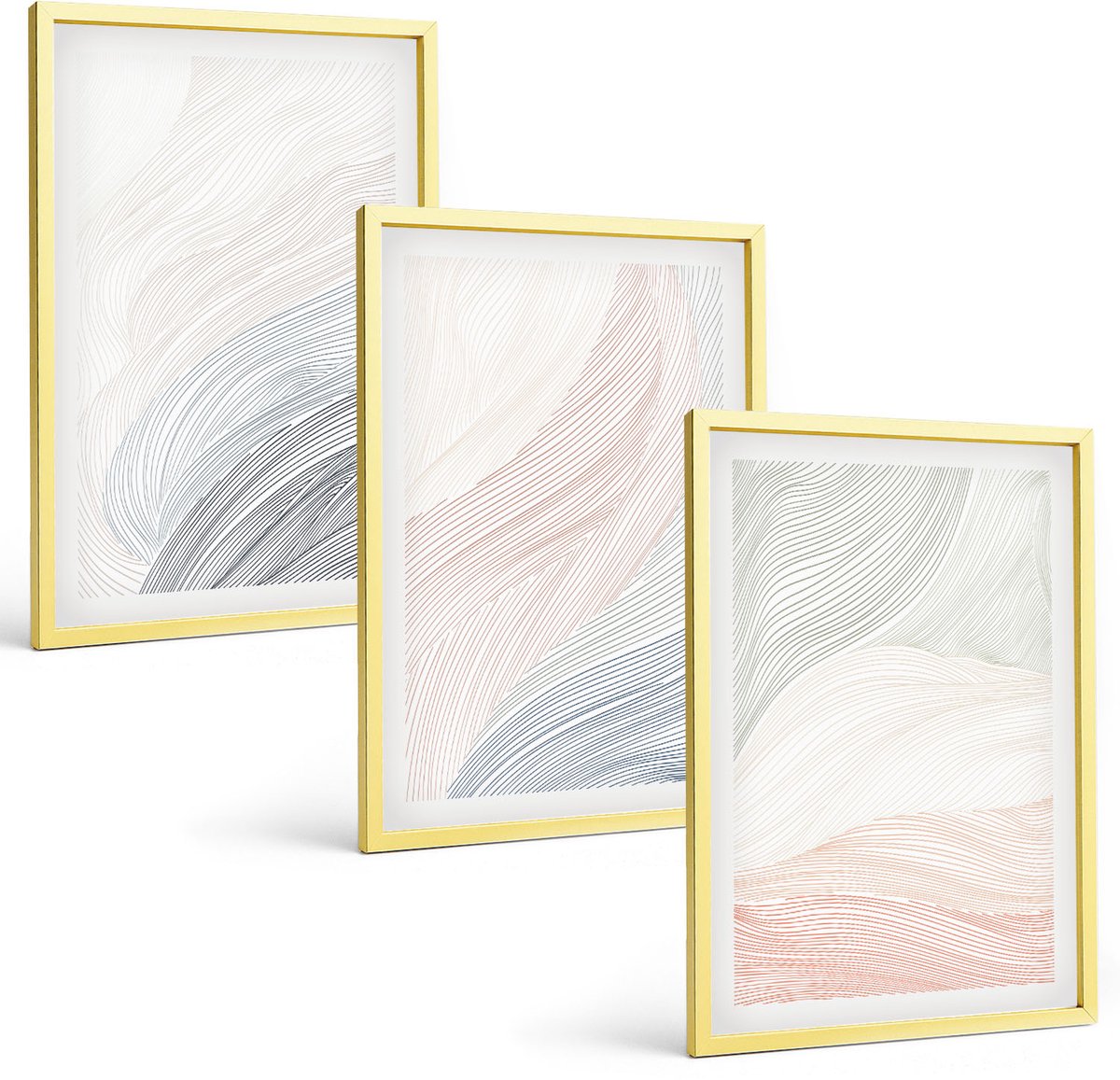 Coloray 3-Delige Schilderij Set - Abstracte Golven Schilderij Op Karton Met Pastelkleuren - 40 x 40 cm En 40 x 60 cm - Moderne Wanddecoratie - Slaapkamer