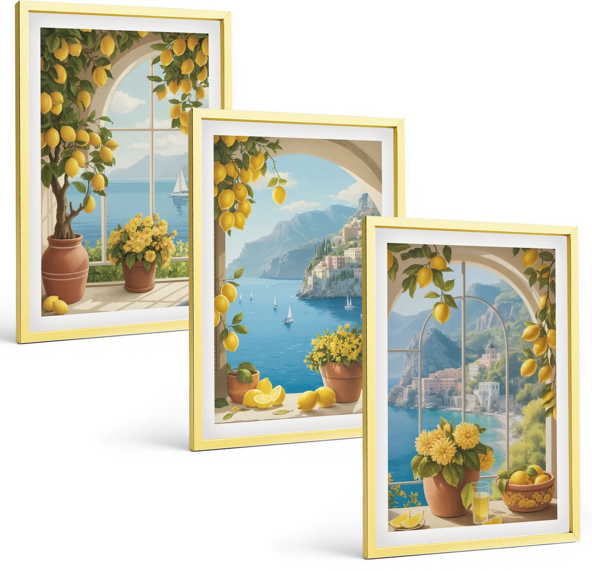 Coloray 3-Delige Schilderij Set - Sfeervolle Stadsstraten Met Uitzicht Op Havens En Gebouwen. - 40 x 40 cm En 40 x 60 cm - Stijlvolle Muurdecoratie - Slaapkamer - Decoratieve Schilderijen