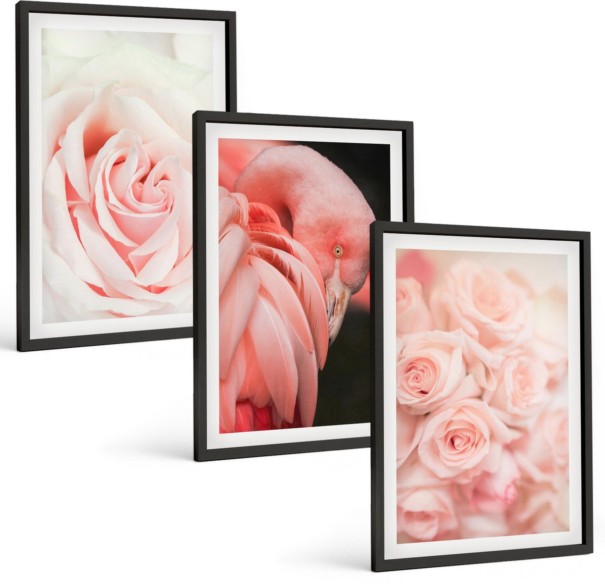 Coloray 3-Delige Schilderij Set - Pastelrozen En Flamingo'S In Delicate Tinten - 40 x 60 cm - Wanddecoratie - Schilderijen Set - Interieur - Stijlvolle Muurdecoratie
