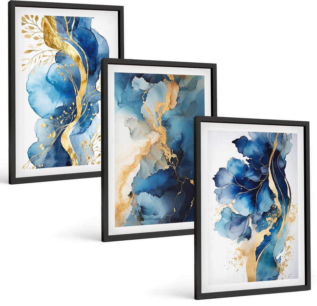 Coloray 3-Delige Schilderij Set - Blauwe Abstracte Patronen Met Subtiele Accenten - 40 x 60 cm - Muurdecoratie - Interieur Decoratie - Stijlvolle Muurdecoratie