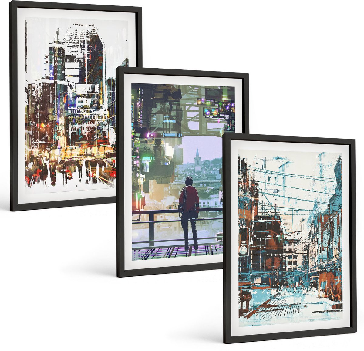 Coloray 3-Delige Schilderij Set - Moderne Steden In Kleur Met Een Figuur Op De Achtergrond - 40 x 60 cm - Moderne Wanddecoratie - Woonkamer - Interieur Decoratie