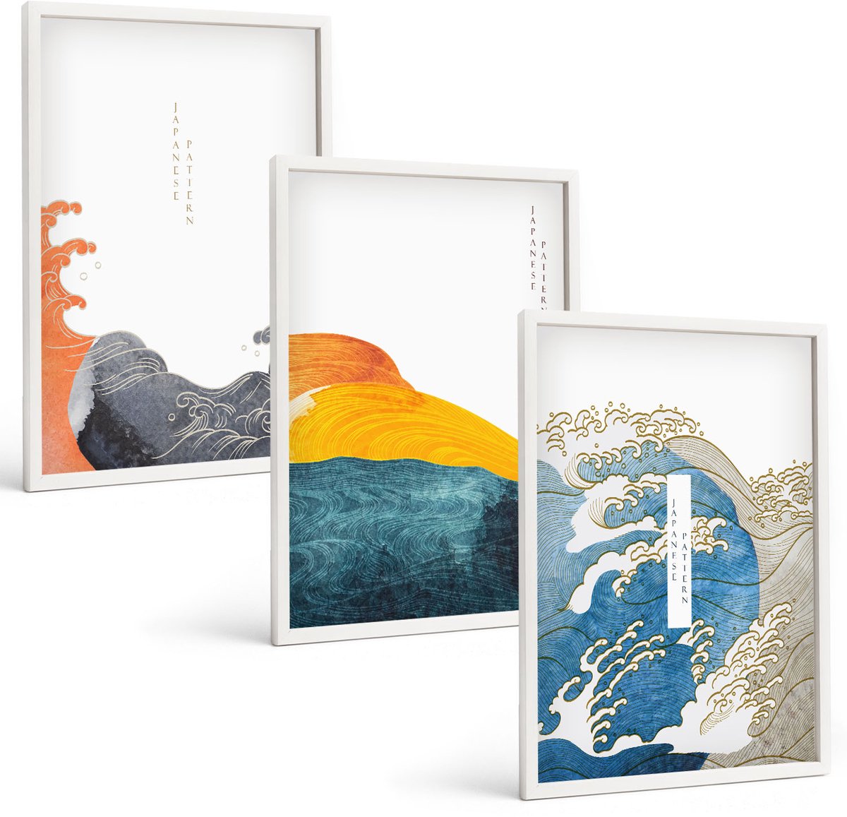 Coloray 3-Delige Schilderij Set - Golven In Japanse Grafische Stijl - 40 x 60 - Wanddecoratie - Muurdecoratie - Woonkamer - Woonkamer Decoratie