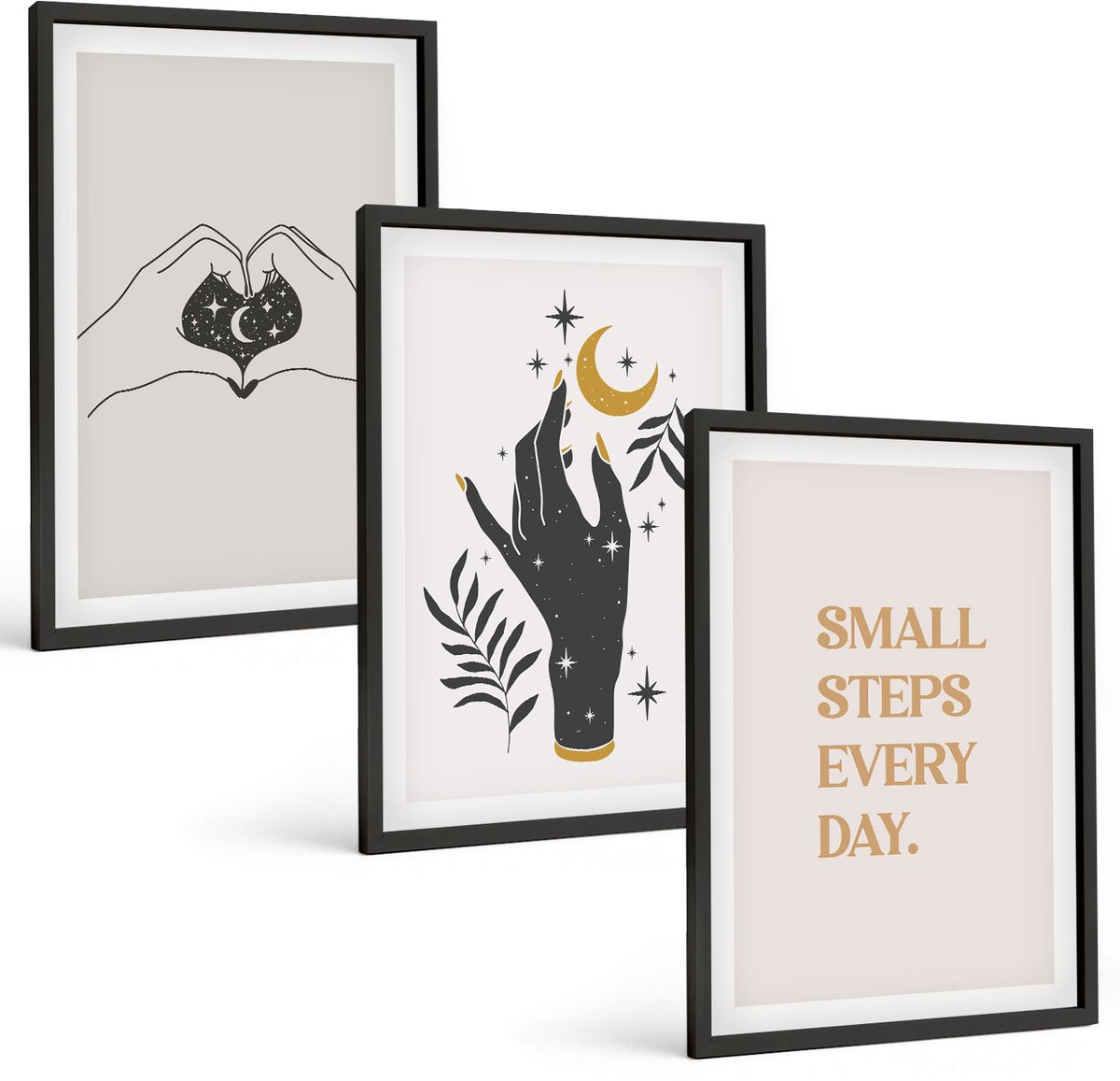 Coloray 3-Delige Schilderij Set - Minimalistische Illustraties Die Boho-Tekst Inspireren - 40 x 60 cm - Muurdecoratie - Wanddecoratie - Hal - Stijlvolle Muurdecoratie