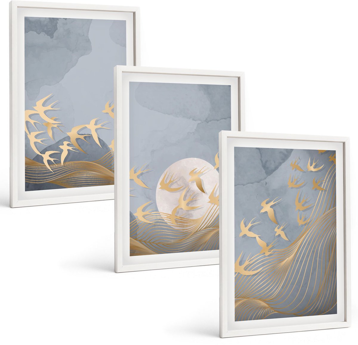 Coloray 3-Delige Schilderij Set - Vogels In Vlucht Tegen De Hemel En De Maan. - 40 x 60 - Moderne Wanddecoratie - Slaapkamer - Muurdecoratie