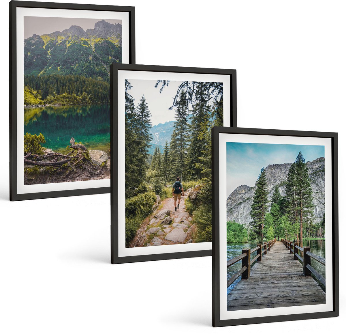 Coloray 3-Delige Schilderij Set - Bergen, Meren, Bossen En Paden In De Natuur - 40 x 60 cm - Muurdecoratie - Wanddecoratie - Hal