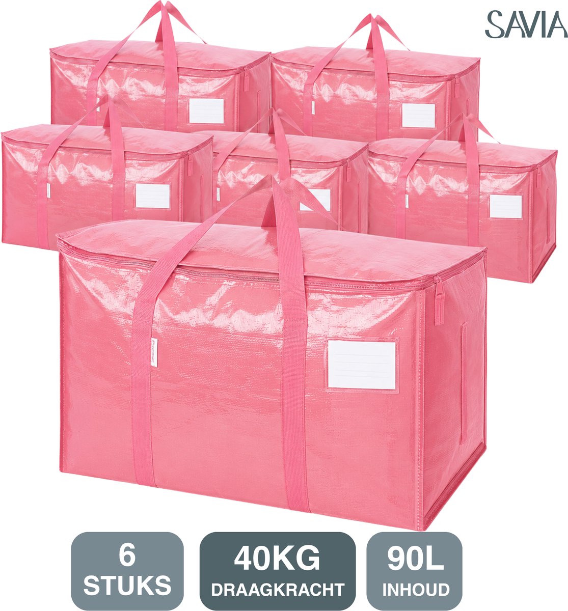 Savia Verhuistassen XXL Set van 6 Extra Sterk – Roze – Verhuisdozen 90L voor Zware Spullen & Glazen – Boekendozen – Moving Boxes – Big Shopper – Opbergdoos Opbergbox Opbergbak – Wastas