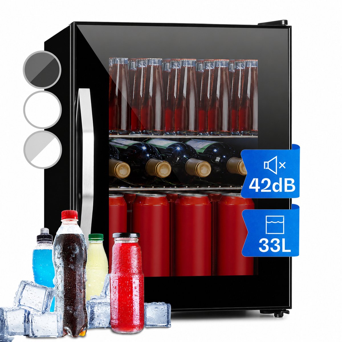 Mini Koelkast 33L – Drankenkoelkast met Glazen Deur – 0-10°C Instelbaar – Stil – LED Verlichting – Zwart