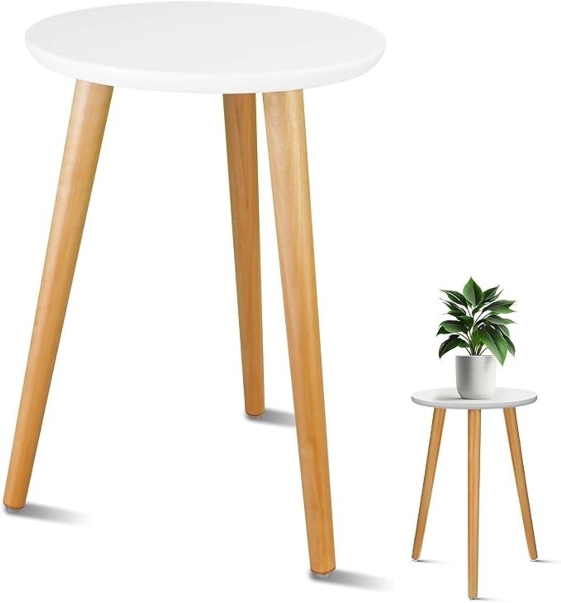 PolkaHome Houten Plantenstandaard voor Binnen, Ronde Witte Tafel met Houten Poten, Modern Scandinavisch Design, Geschikt voor Diverse Potmaten
