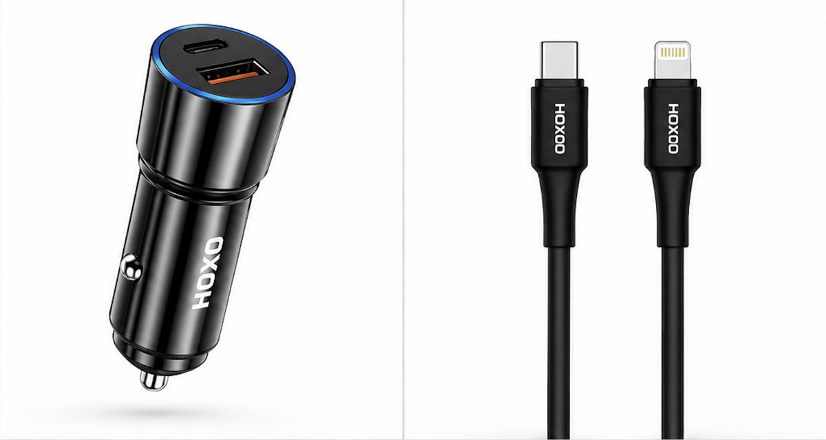 HOXO 38W Autolader met USB-C & USB-A – Snellader – Inclusief 1M USB-C naar 8-Pin Kabel – Zwart