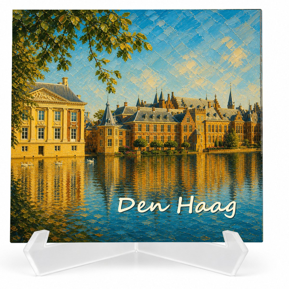 Kleurmedia Tegeltje Den Haag – Hofvijver Binnenhof Mauritshuis – Keramiek 15 x 15 cm – Inclusief transparante houder – Souvenir
