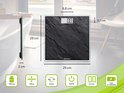 Zwarte digitale badkamerweegschaal met leisteenlook, afmetingen en pictogrammen: 180kg, 100g, kg/lb, auto aan/uit, 2,5cm dik, batterij.