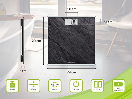 Zwarte digitale badkamerweegschaal met leisteenlook, afmetingen en pictogrammen: 180kg, 100g, kg/lb, auto aan/uit, 2,5cm dik, batterij.