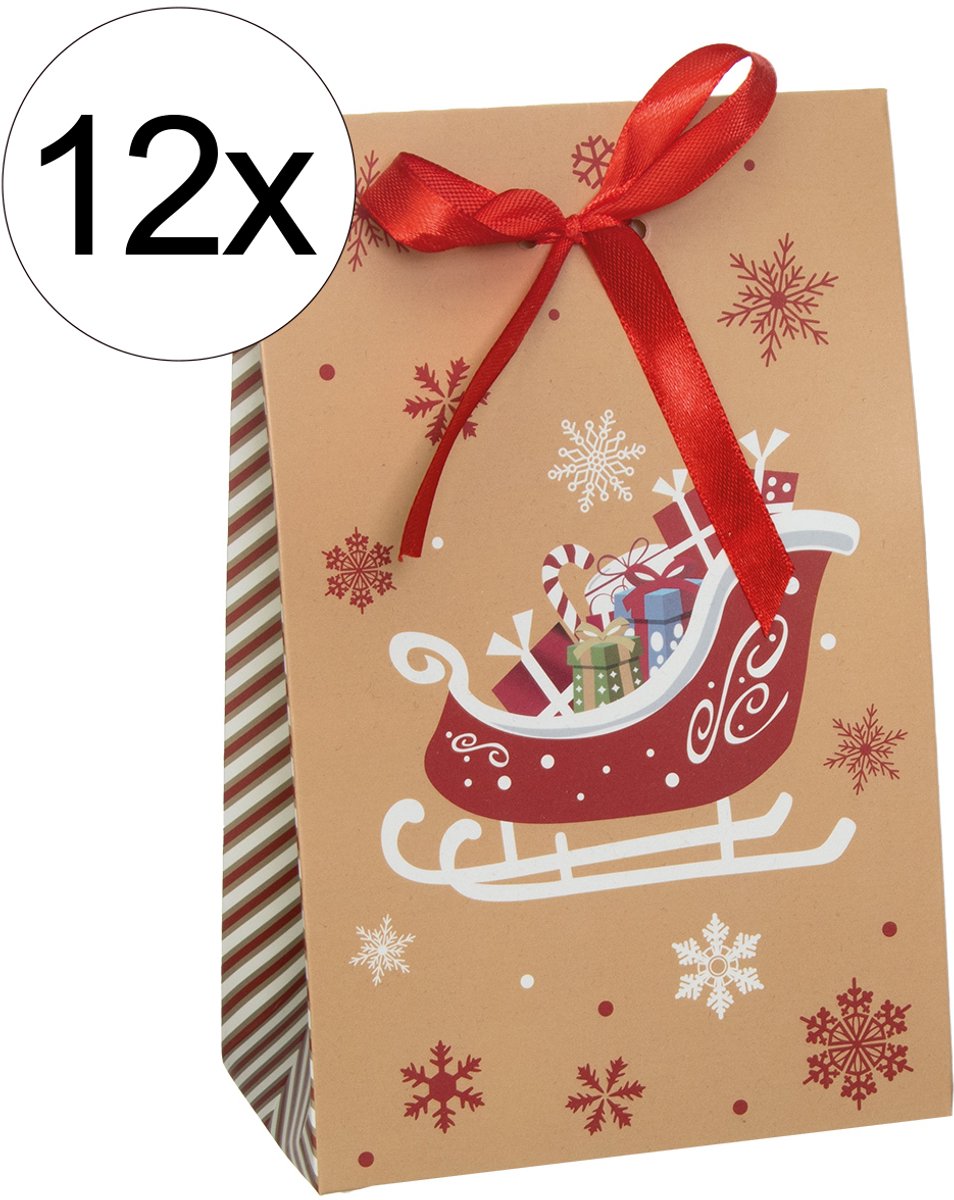 12x kerstdoosjes + lint kerstverpakking Kraft Kerst Cadeauzakjes met Rood Lint – Kerstslee – 11,5 x 6 x 18 cm