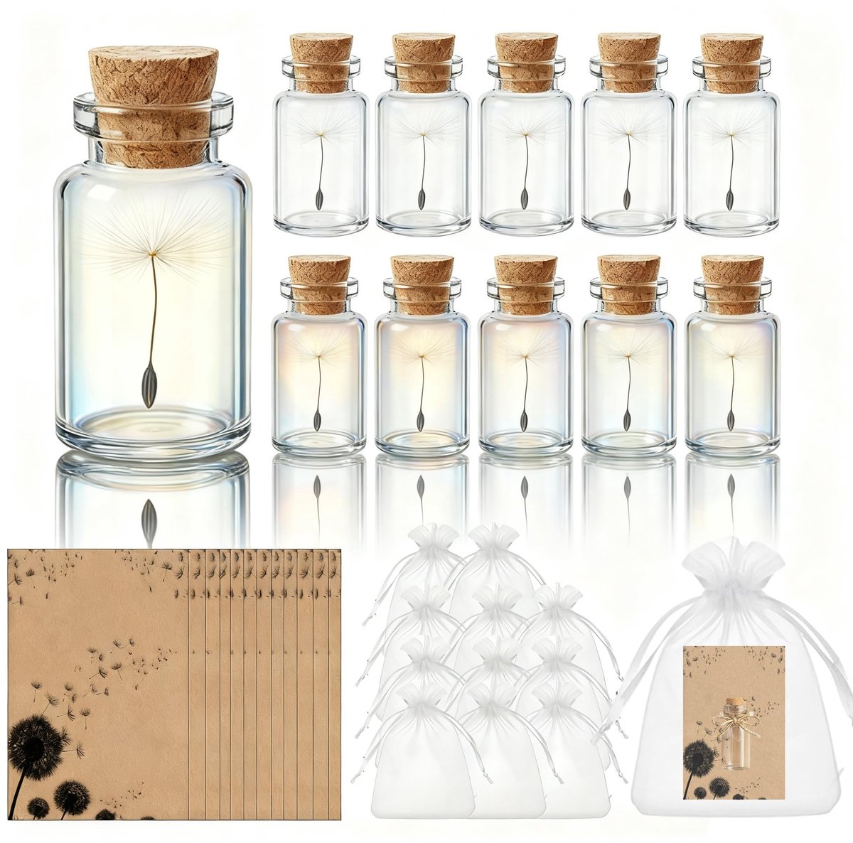 AEMCHDM 12 x kleine wensvervullersset, paardenbloem in glas, geluksbrenger, glazen wenskaart, gaaszakje, henneptouw - ShopVlot