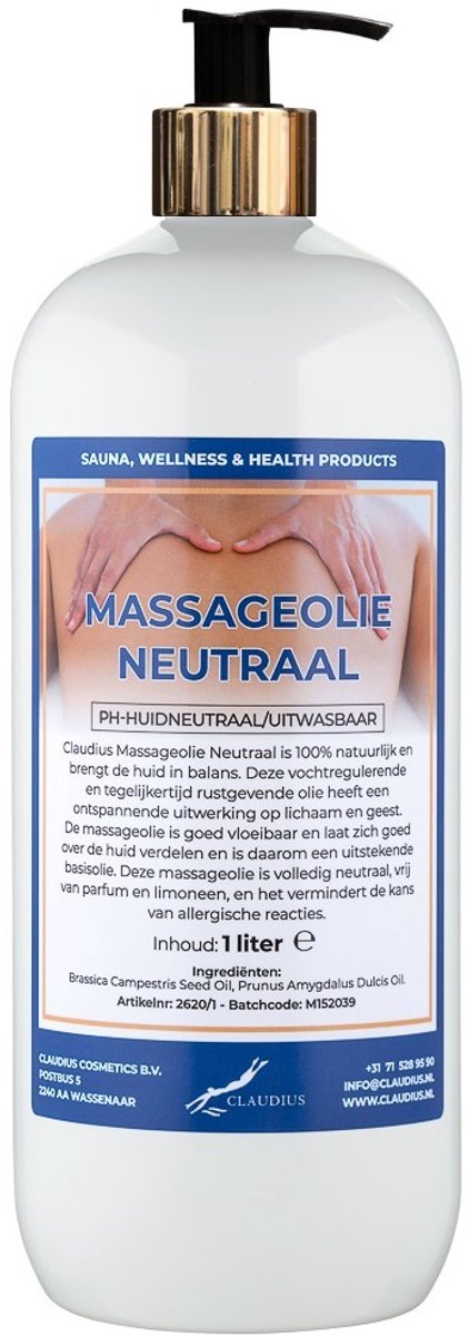 Massageolie Neutraal 1 liter met gouden pomp - 100% natuurlijk - biologisch en koud geperst