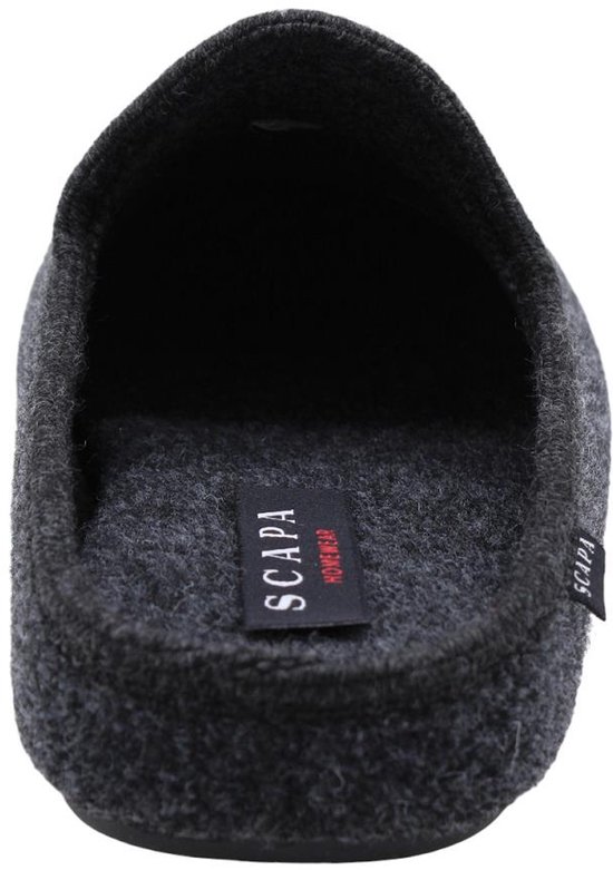 Donkergrijze Scapa pantoffel met witte 'SCAPA HOMEWEAR' label aan de zijkant.