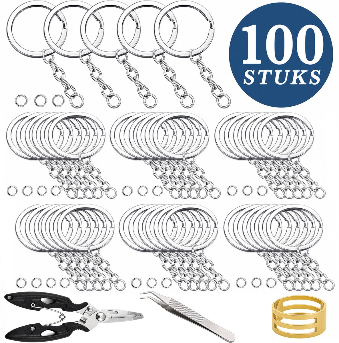 100 Stuks Platte Sleutelringen met Ketting, 100 Open Springringetjes - DIY Sleutelhangers Ringen Set - Keychain Sleutels Maken - Splitringen voor Hobby & Sleutellabels - Metalen Keyrings Knutselen - 25mm - Zilver