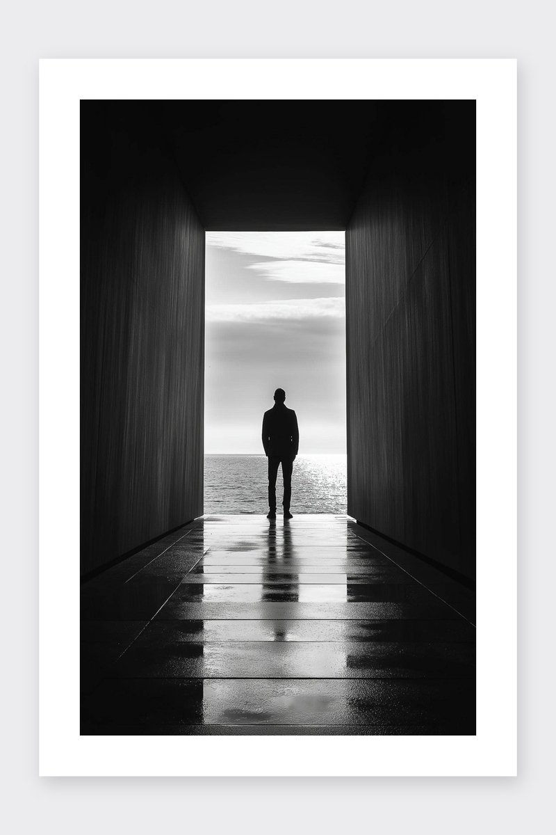 Man Poster - Silhouet - Drempel - Zwart Wit - Fotografie - Mysterieus - Minimalistisch - Oceaan - posters - formaat 30x40cm - Wanddecoratie - BXS5398KMD - Met kader - passe-partouts stijl