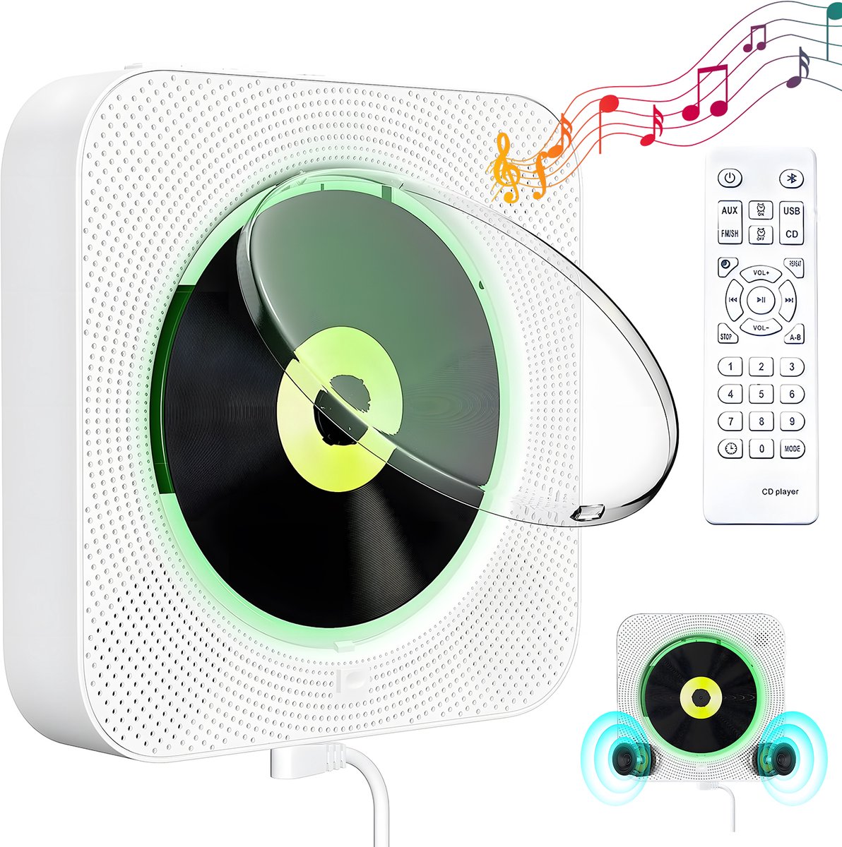 CD-Speler met Bluetooth 5.1 - Draagbare CD Speler met FM Radio - 2x 5W Speakers - USB, Micro SD en AUX - Wandmontage - 2600mAh Accu