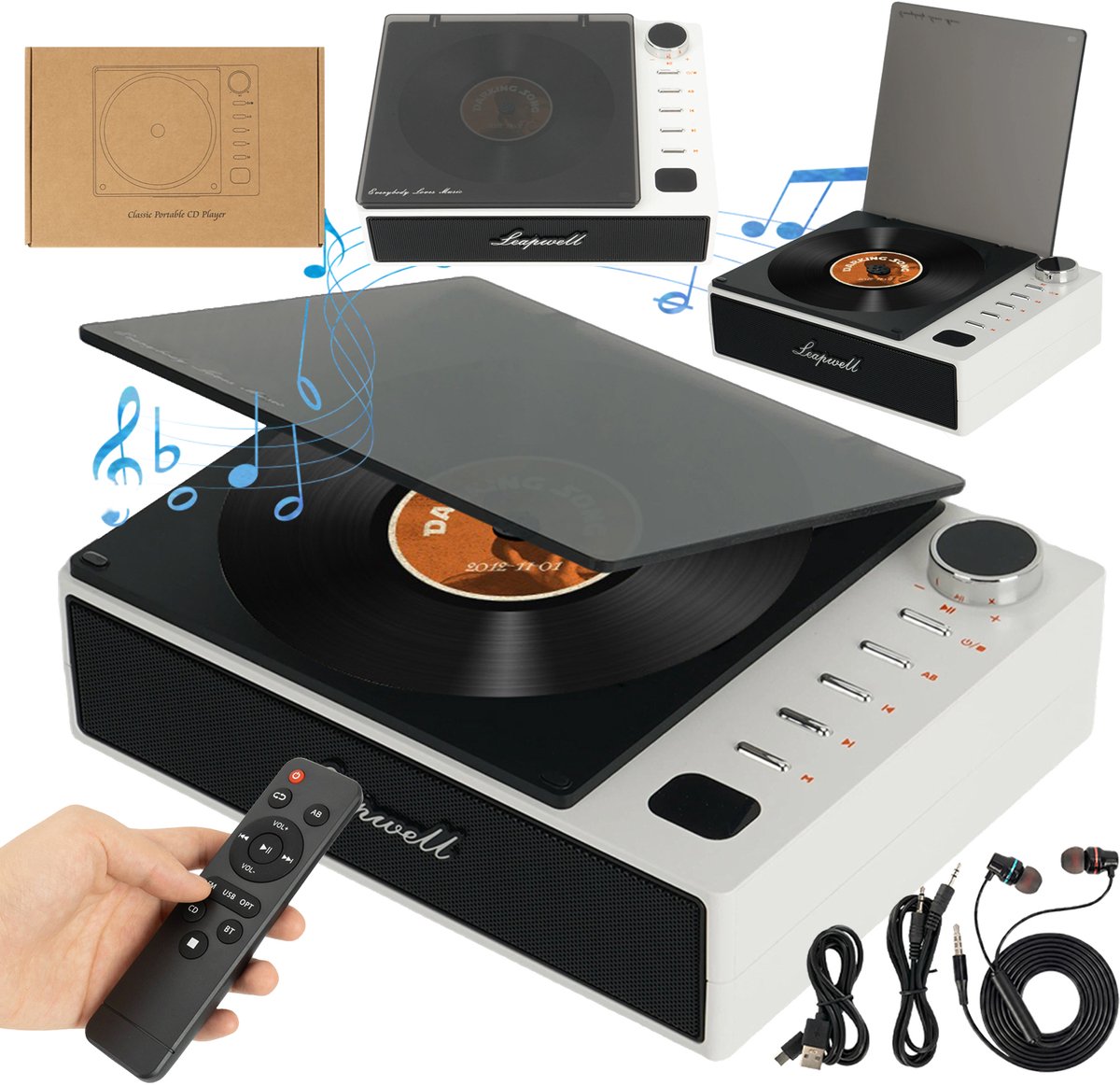 Draagbare Bluetooth CD-speler - Retro CD-speler - 7 Afspeelmodi met FM, USB en AUX - 4000mAh Accu tot 4,5 Uur - Stereo Audio-uitgang - Transparante Stofkap - Voor Thuis, Kantoor, Klaslokaal, Auto en Kamperen