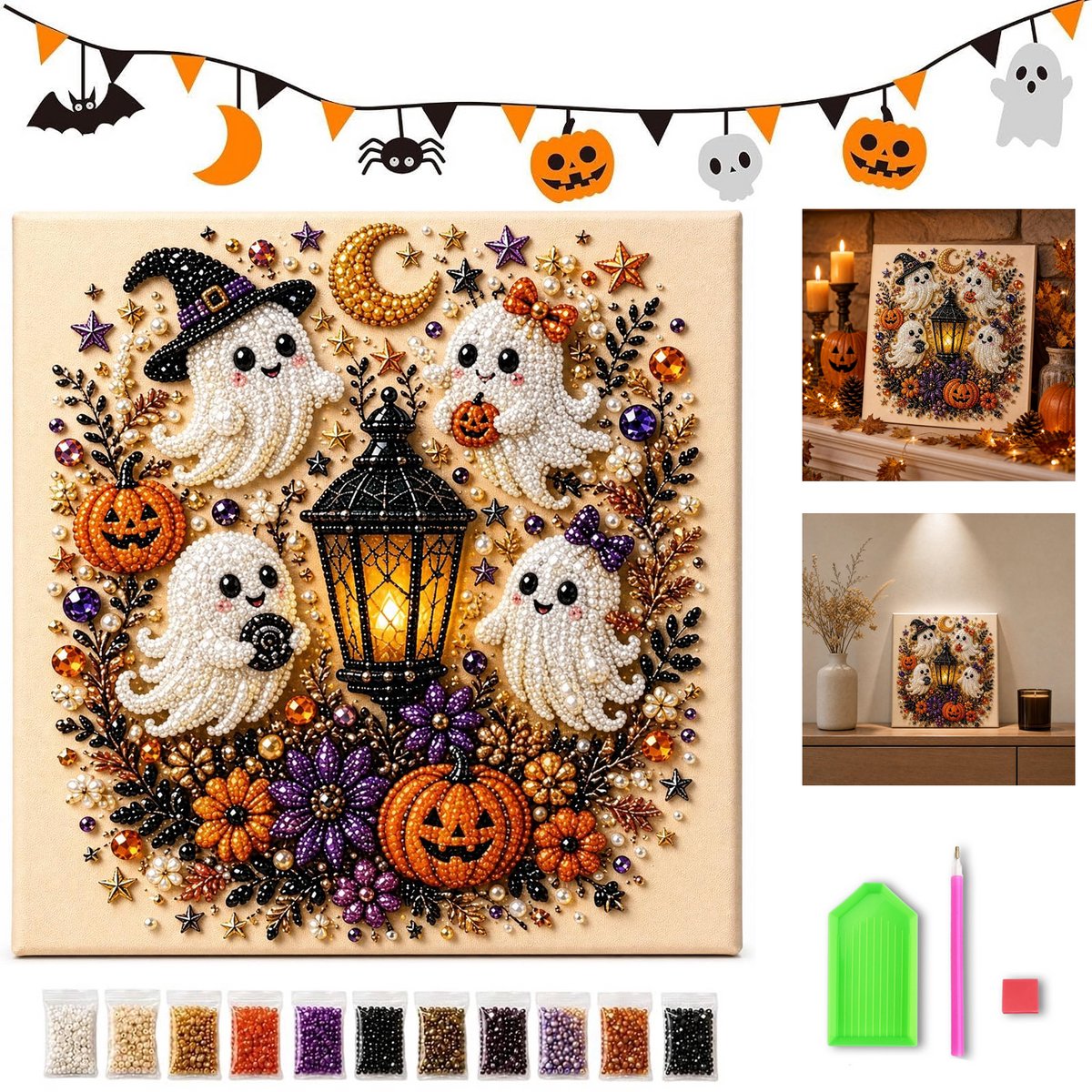 KZQ 3D Parelkunst DIY Set - Spook - 20x20 cm - Beginnersvriendelijk - Complete Set Met Parels & Gereedschap - Halloween Wanddecoratie