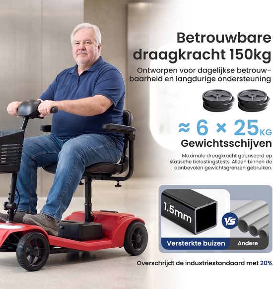 Man op rode scootmobiel, tekst 'Betrouwbare draagkracht 150kg', 6x 25kg gewichtsschijven