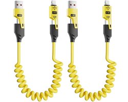 2 stuks 4-in-1 opgerolde USB-oplaadkabel, 65 W opladen carplay-snoer geschikt voor in de auto, USB C Light-ning multi-oplaadkabel geschikt voor met iPhone Samsung MacBook iPad, 1.5m