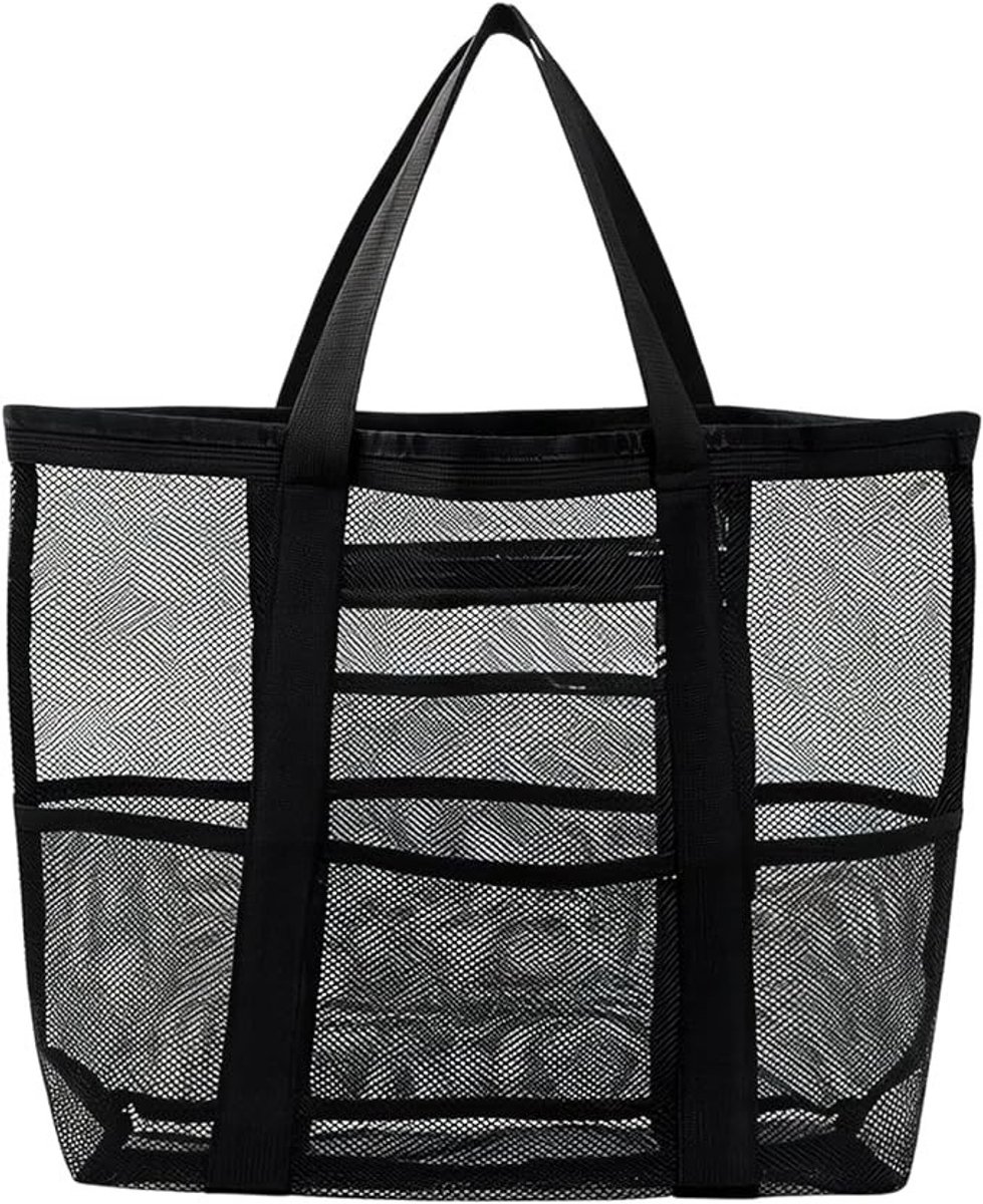 PolkaHome Strandtas van netstof voor dames, grote waterafvoerende mesh-tas met meerdere vakken, opvouwbaar voor zwembad, strand en reizen, zwart