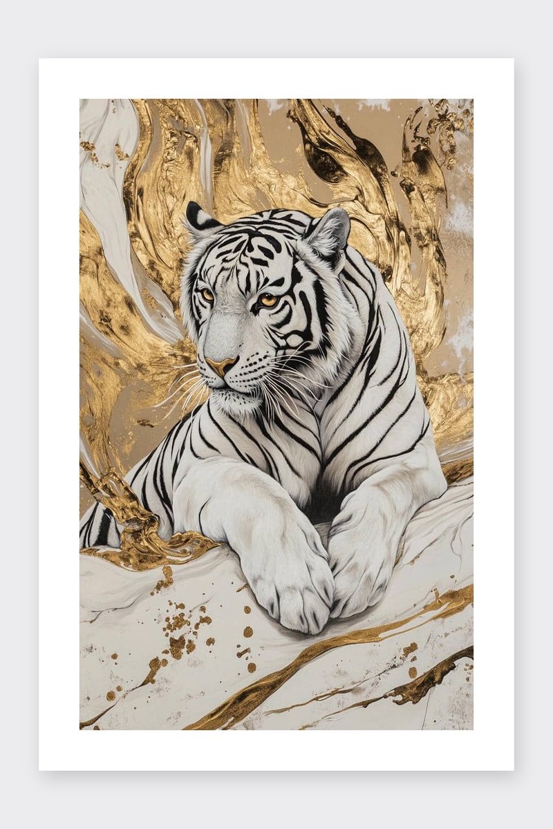 Tijger Poster - Goud - Witte Tijger - Dieren - Krachtig - Elegantie - Stoer - posters - formaat 30x40cm - Wanddecoratie - BXS5314CW - Met kader - passe-partouts stijl