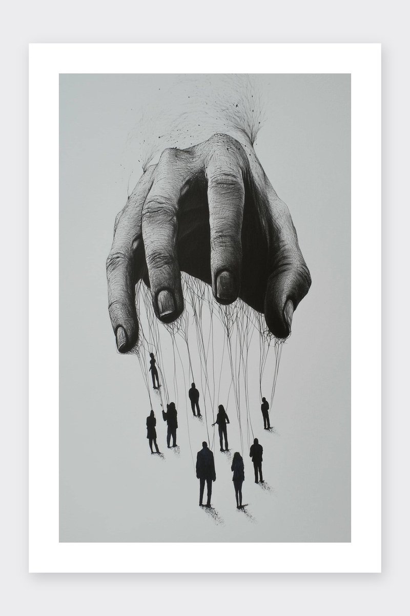 Hand Poster - Snoeren - Marionetten - Zwart Wit - Kunst - Mystiek - Symbolisch - posters - formaat 30x40cm - Wanddecoratie - BXS5424PVD - Met kader - passe-partouts stijl