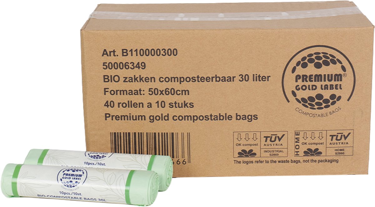 Biozakken 30 liter melkwit groen 50x60cm - Doos 40 rollen à 10 stuks