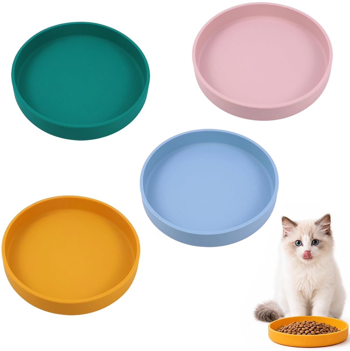 Kaiyaya - set van 4 siliconen kattenvoerbakken - antislip en BPA-vrij - vaatwasserbestendig - plat en breed ontwerp - voor droogvoer en natvoer - groen, blauw, roze en geel