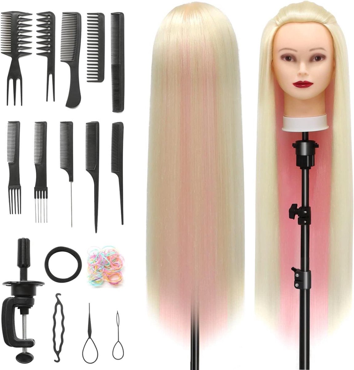 Trainingshoofd - Kappershoofd Oefenhoofd - Haar Stylen Oefenen - 100% Synthetische Vezels - 28 Inch Haar - Blond Roze