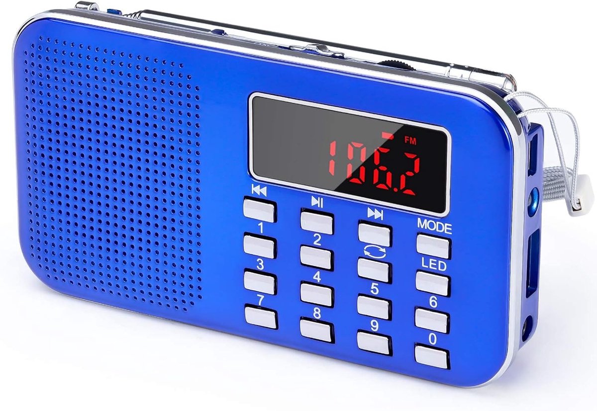 Draagbare Radio - Blauw - 20 x 11,7 x 6,4 cm - Oplaadbare Batterij met Noodverlichting - Voor Binnen en Buiten